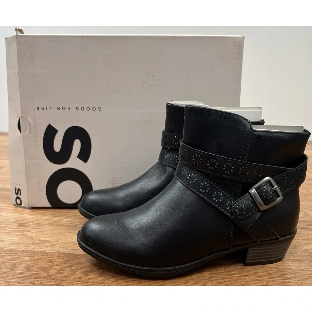 SO Samantha Youth Girls Ankle Boots Booties Strappy Western Black Size 4 NEW